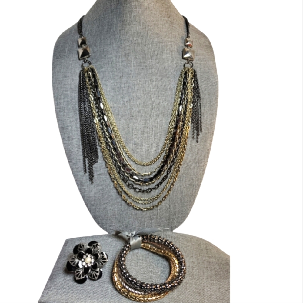 VINTAGE BUNDLE BLACK MULTI TONE GLAM RETRO LAYERED NECKLACE JEWELRY SET